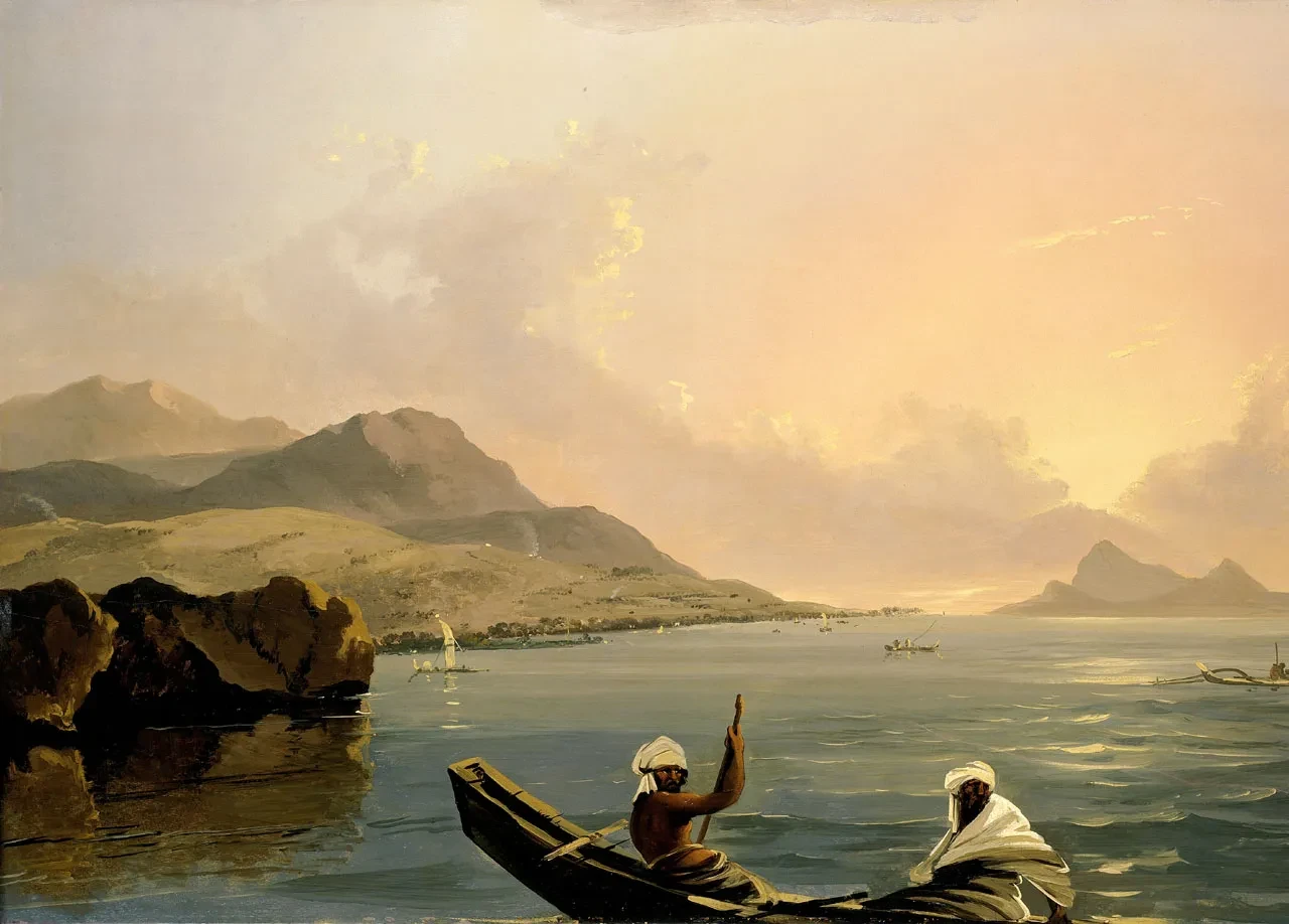Painting of two men in a canoe at dusk with mountains behind them